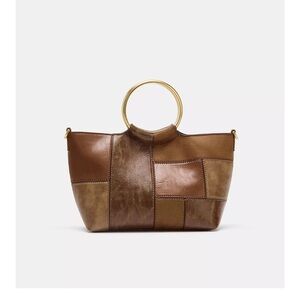 NWOT VIRAL ZARA Brown Patchwork Leather Rigid Gold Ring Handle - NEW IN BAG